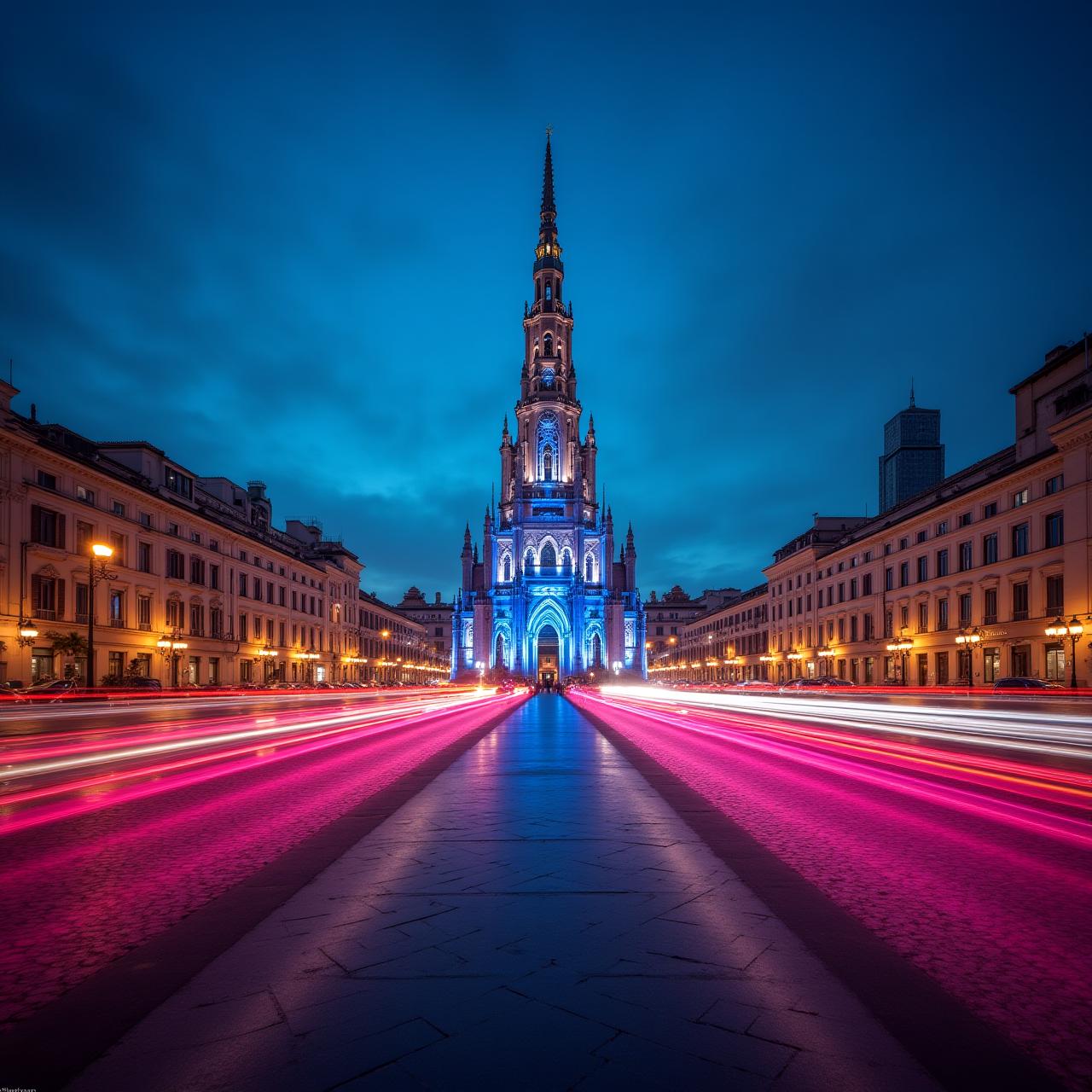 Veduta aerea della Mole Antonelliana e Torino al tramonto con luci neon digitali